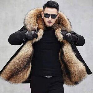 Men's Black Fur-Lined Winter Coat